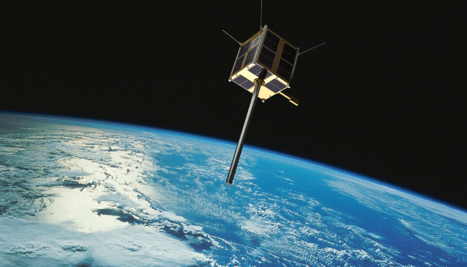 AISSat-2, Norges andre nasjonale satellitt, ble skutt opp 8. juli 2014. Analyser av store mengder data fra satellitten brukes for å avdekke mønstre i skipstrafikken som avviker fra normalen. (Illustrasjon: Norsk Romsenter/FFI/NASA)