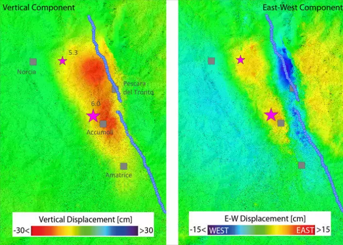 Radarinterferogram viser hvor og hvor mye jordskorpen har beveget seg etter jordskjelv som i Italia 24. august 2016. (Foto: Copernicus/ESA/CNR-IREA)