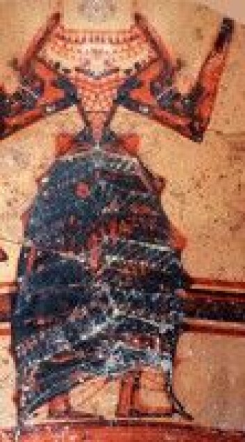 En mykensk (gresk) kvinnedrakt utenpå en vase. Motivet forteller oss hvor avansert rike kvinner kunne kle seg for nesten 3500 år siden. Bildet er ikke ulikt motiver i palasset i Knossos på Kreta. (Foto: Peter Fischer/forskning.se) En mykensk (gresk) kvinnedrakt utenpå en vase. Motivet forteller oss hvor avansert rike kvinner kunne kle seg for nesten 3500 år siden. Bildet er ikke ulikt motiver i palasset i Knossos på Kreta. (Foto: Peter Fischer/forskning.se)