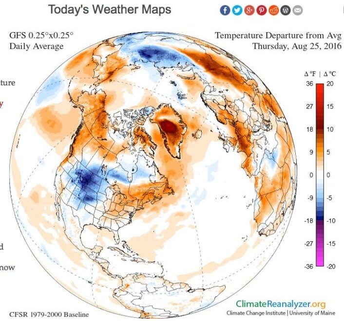 Varmere enn vanlig på Grønland i dag. (Data: NOAA. Grafikk: Univ. Maine) Varmere enn vanlig på Grønland i dag. (Data: NOAA. Grafikk: Univ. Maine)