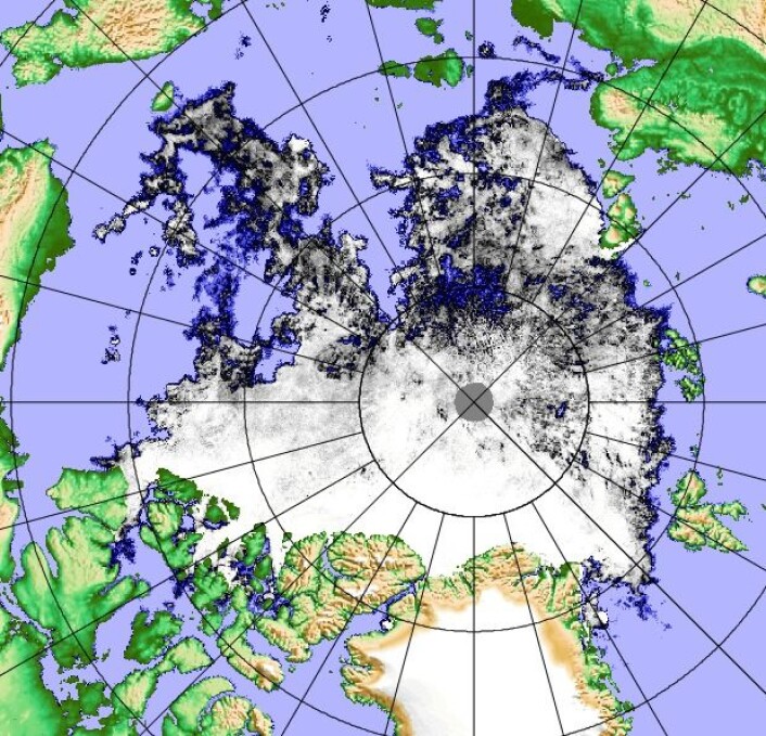 Iskartet i Arktis 24 august, basert på observasjoner fra det japanske satellittinstrumentet AMSR2. (Bilde: Univ Bremen) Iskartet i Arktis 24 august, basert på observasjoner fra det japanske satellittinstrumentet AMSR2. (Bilde: Univ Bremen)