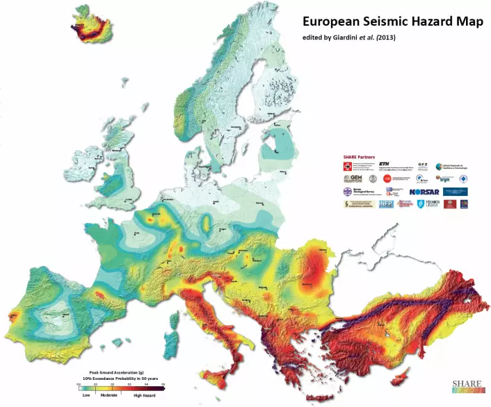Kartet viser faren for jordskjelv i forskjellige deler av Europa. (Foto: (Figur: NORSAR))
