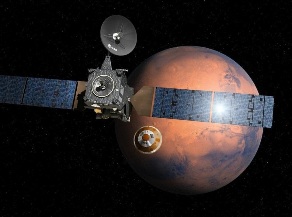 Russisk-europeiske Schiaparelli ble skutt opp sammen med banesonden ExoMars Trace Gas Orbiter. Den 16. oktober er de fremme ved Mars og skiller lag for Schiaparellis landing tre dager senere. (Foto: ESA/ATG medialab)