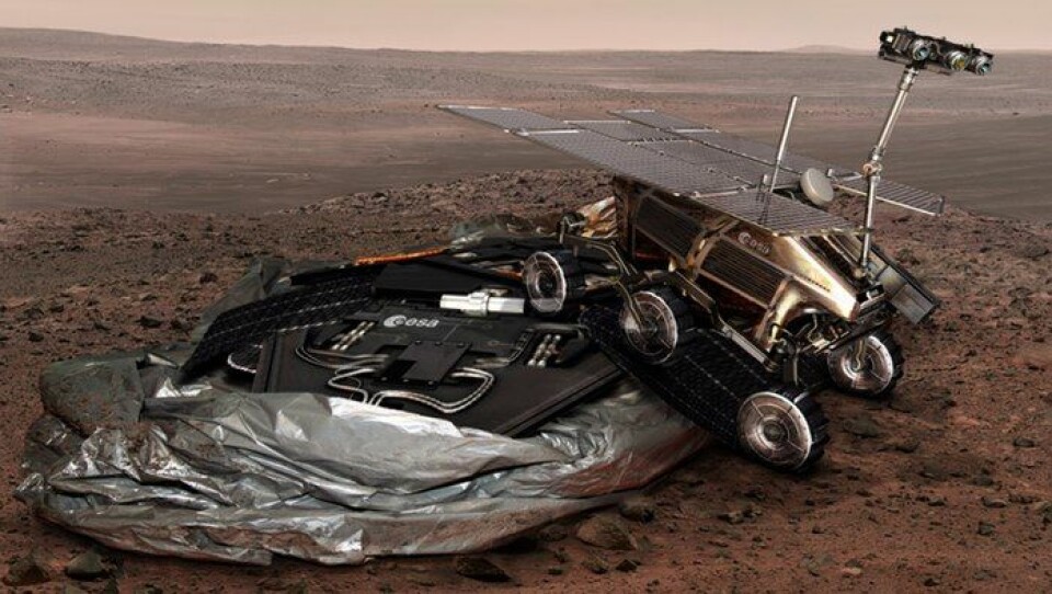 Høsten 2018 ankommer roveren i ExoMars-prosjektet. Den skal lande på samme måte som Schiaparelli, men lenger nord på Mars for å se etter vann og liv. (Foto: ESA/ATG medialab)