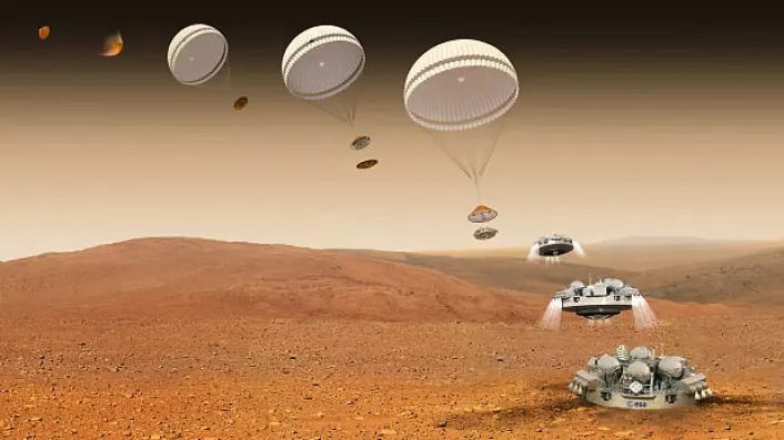 Schiaparelli lander på Mars 19. oktober 2016 for å teste ny landingsteknologi. Dette er en del av det russisk-europeiske samarbeidsprosjektet ExoMars. ESA (Foto: ESA/ATG medialab)