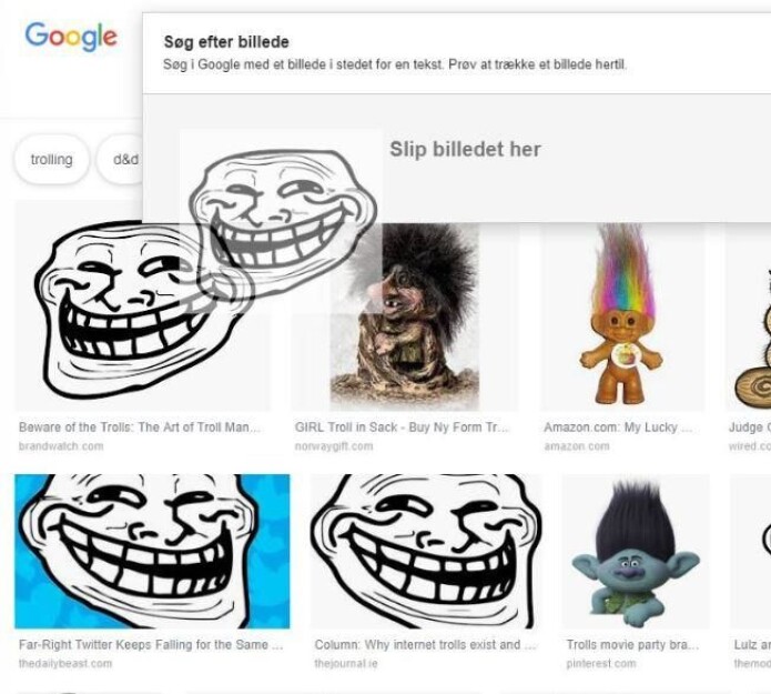 Et baklengssøk lar deg finne andre nettsteder som inneholder et bestemt bilde. I Chrome og Firefox kan du høyreklikke på det bildet du vil søke opp og trekke det til søkefeltet. Da finner du de andre sidene bildet ligger på. Den originale siden dukker som regel opp øverst. (Skjermbilde: videnskab.dk) Et baklengssøk lar deg finne andre nettsteder som inneholder et bestemt bilde. I Chrome og Firefox kan du høyreklikke på det bildet du vil søke opp og trekke det til søkefeltet. Da finner du de andre sidene bildet ligger på. Den originale siden dukker som regel opp øverst. (Skjermbilde: videnskab.dk)