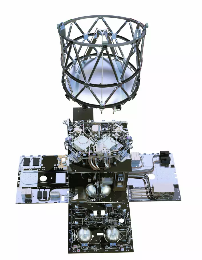 Aladin-instrumentet på vindsatellitten ADM-Aeolus bruker laser og teleskop for å måle vindhastigheter og aerosoler i atmosfæren. (Foto: ESA/ATG medialab)
