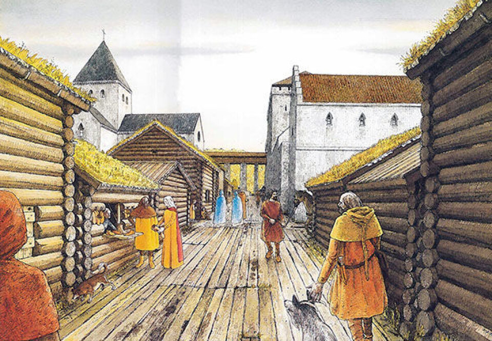 Tolking av Oslo omkring år 1300. Vi står ved skomakarbuene som vart gravne ut på feltet Oslogate 6 i 1987-89 og ser sørover mot drombegangen mellom Hallvardskirken og Bispegården. (Foto: Illustrasjon: K.-F. Keller, Middelalderbyen Oslo, Schia og Keller 1994.)