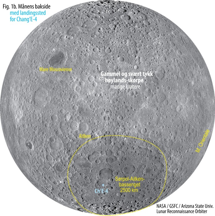 Figur 1b. Månens bakside med landingsstedet for det kinesiske fartøyet Chang'E-4. Klikk for forstørret utgave. (Figur: NASA / GSFC/ Arizona State Univ. Lunar Reconnaisance Orbiter) Figur 1b. Månens bakside med landingsstedet for det kinesiske fartøyet Chang'E-4. Klikk for forstørret utgave. (Figur: NASA / GSFC/ Arizona State Univ. Lunar Reconnaisance Orbiter)