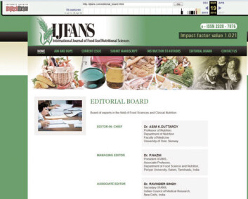 UiO-professor Asim K. Duttaroy ble ført opp som sjefredaktør i det tvilsomme indiske tidsskriftet International Journal of Food and Nutritional Sciences. Impact-faktoren deres, som på godt norsk kan oversettes til innflytelsesfaktoren, er falsk. (Foto: (Skjermdump fra IJFANS' nettsider)) UiO-professor Asim K. Duttaroy ble ført opp som sjefredaktør i det tvilsomme indiske tidsskriftet International Journal of Food and Nutritional Sciences. Impact-faktoren deres, som på godt norsk kan oversettes til innflytelsesfaktoren, er falsk. (Foto: (Skjermdump fra IJFANS' nettsider))