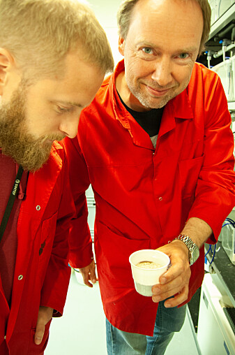 Forskere ved Sintef, Andreas Hagemann og Arne Malzahn (t.h.) har dokumentert gode vekstforhold for børstemark fôret med slam fra oppdrettsanlegg. (Foto: Håvard Egge) Forskere ved Sintef, Andreas Hagemann og Arne Malzahn (t.h.) har dokumentert gode vekstforhold for børstemark fôret med slam fra oppdrettsanlegg. (Foto: Håvard Egge)