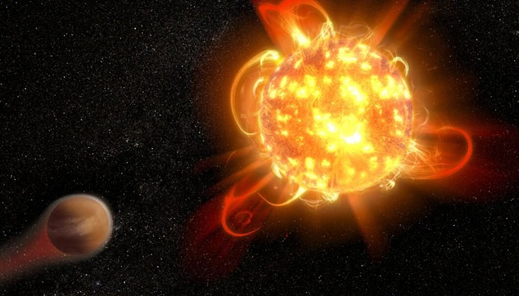 Slik kunne kanskje et superflare på i et fremmed solsystem se ut. (Illustrasjon: NASA, ESA and D. Player) Slik kunne kanskje et superflare på i et fremmed solsystem se ut. (Illustrasjon: NASA, ESA and D. Player)