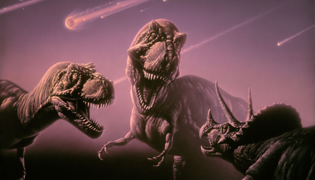 Mest sannsynlig var en 15 kilometer stor asteroide årsaken til dinosaurenes undergang. Dette er forskere stort sett enige om i dag. Nå vet japanske forskere hvordan det foregikk. (Bilde: Science Photo Library, NTB scanpix) Mest sannsynlig var en 15 kilometer stor asteroide årsaken til dinosaurenes undergang. Dette er forskere stort sett enige om i dag. Nå vet japanske forskere hvordan det foregikk. (Bilde: Science Photo Library, NTB scanpix)