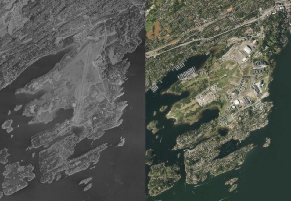 Flybilder som viser Fornebu og Snarøya i 1956 og i 2016. Kilde: Norge i bilder.