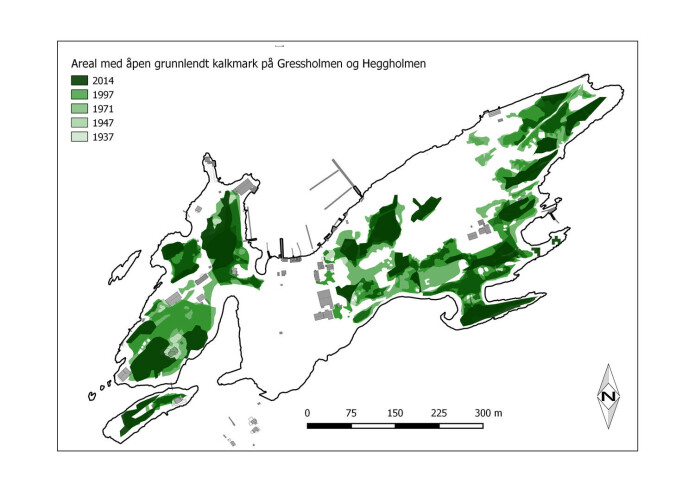 Endring i arealet av åpen, grunnlendt kalkmark på Gressholmen og Heggholmen i løpet av snaue 80 år. Endring i arealet av åpen, grunnlendt kalkmark på Gressholmen og Heggholmen i løpet av snaue 80 år.