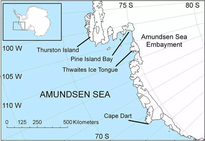 Amundsenhavet er et randhav til Sørishavet som ligger utenfor kystlinjen av Marie Byrd Land på det antarktiske kontinent. Amundsenhavet strekker seg fra Thurston Island i øst til Siple Island i vest og grenser til Bellingshausenhavet og Rosshavet. (Foto: (Illustrasjon: Polargeo, Wikimedia Commons))
