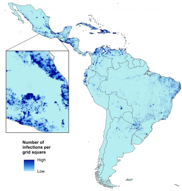Dette kartet viser beregnede, fremtidige antall av zikavirus-infeksjoner hos gravide kvinner i Sør-Amerika. (Foto: (Grafikk: University of Southampton)) Dette kartet viser beregnede, fremtidige antall av zikavirus-infeksjoner hos gravide kvinner i Sør-Amerika. (Foto: (Grafikk: University of Southampton))