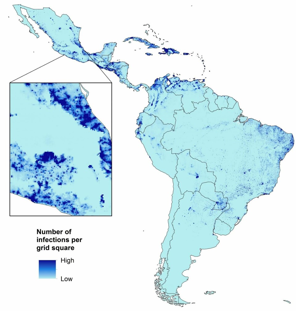 Dette kartet viser beregnede, fremtidige antall av zikavirus-infeksjoner hos gravide kvinner i Sør-Amerika. (Foto: (Grafikk: University of Southampton))