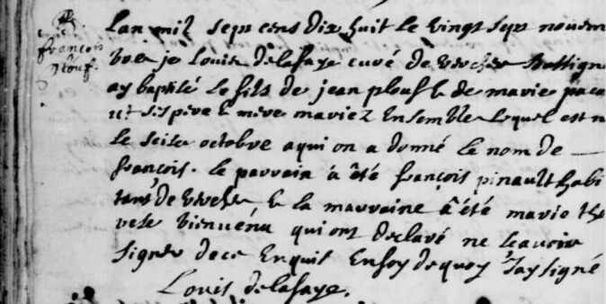 Francois Ploufs ble født i Quebex 16.10.1718. Han ble døpt 27.11.1718. (Foto: Fonds Drouin/www.genealogiequebec.com) Francois Ploufs ble født i Quebex 16.10.1718. Han ble døpt 27.11.1718. (Foto: Fonds Drouin/www.genealogiequebec.com)