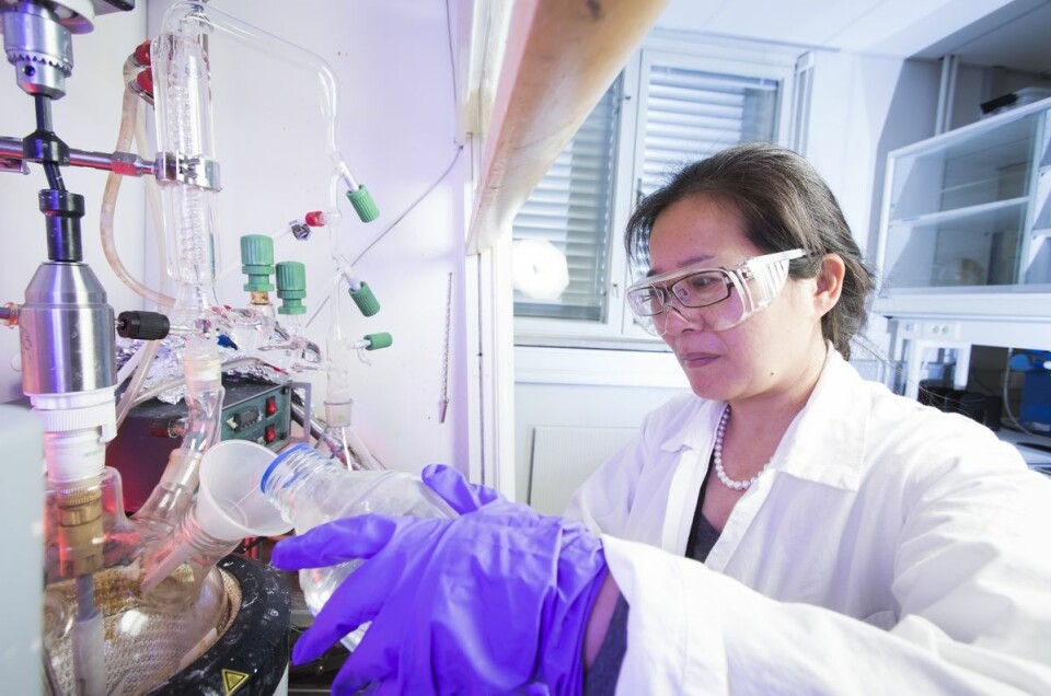 I dette avtrekkskabinettet på et laboratorium i Oslo lager Juan Yang og kollegene hennes nanopartiklene sine. (Foto: Werner Juvik / SINTEF)