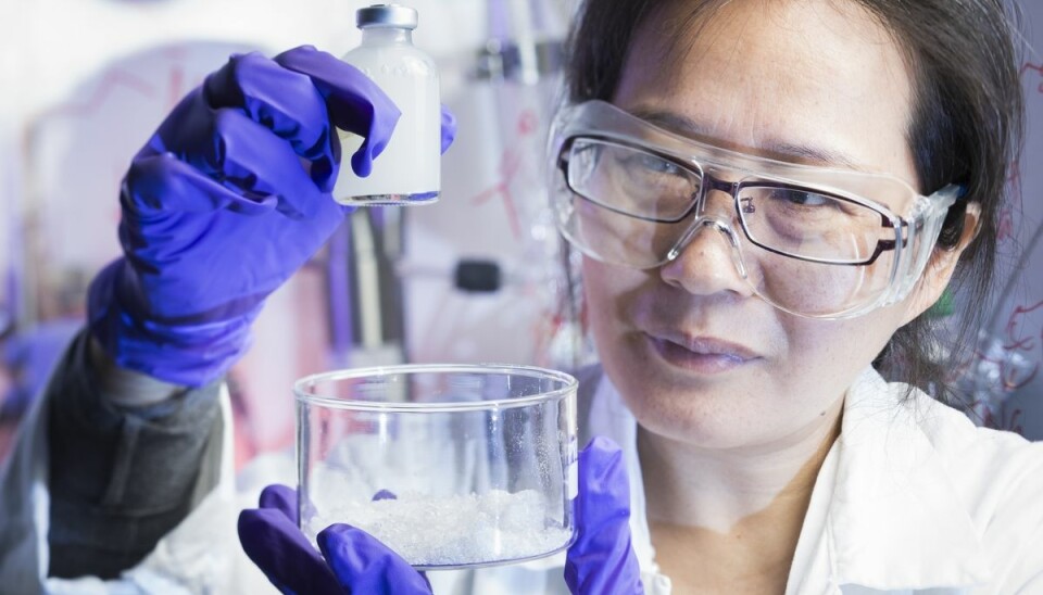 Forsker Juan Yang håper gel-klumpen i flasken vil bidra til økt oljeutvinning. Skåla til høyre rommer ett av råstoffene: milliarder av ørsmå partikler, her oppkonsentrert fra væsken de er født i.     (Foto: Werner Juvik / SINTEF)