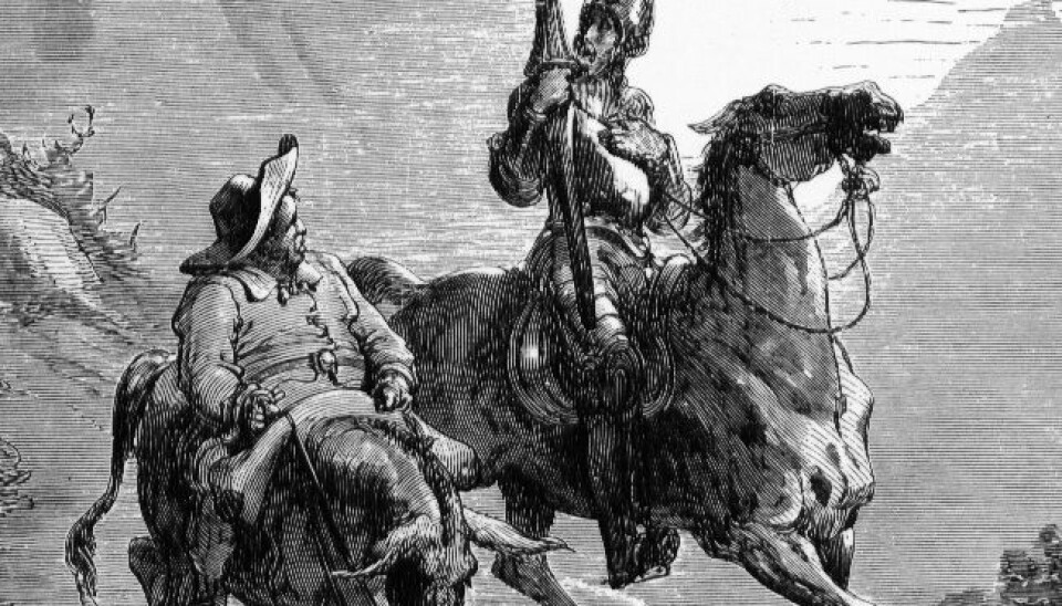 Don Quijote og Sancho Panza, hovedpersonene i de Cervantes roman fra 1600-tallet. Don Quijote regnes som en av de aller første moderne romanene. Det er uvisst om en lesning av Don Quijote kan gi noen spesielle fordeler. (Bilde: Gustave Doré/1863)