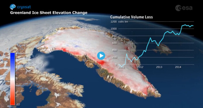 ESAs issatellitt CryoSat viser at isen på Grønland endrer seg hurtig. Mellom 2011 og 2014 mistet Grønlandsisen 1 billion tonn is. Hvert år i de tre årene bidro Grønlandsisen dobbelt så mye til verdens havnivåstigning som hvert år i de 20 årene før. (Foto: Planetary Visions/CPOM/ESA) ESAs issatellitt CryoSat viser at isen på Grønland endrer seg hurtig. Mellom 2011 og 2014 mistet Grønlandsisen 1 billion tonn is. Hvert år i de tre årene bidro Grønlandsisen dobbelt så mye til verdens havnivåstigning som hvert år i de 20 årene før. (Foto: Planetary Visions/CPOM/ESA)