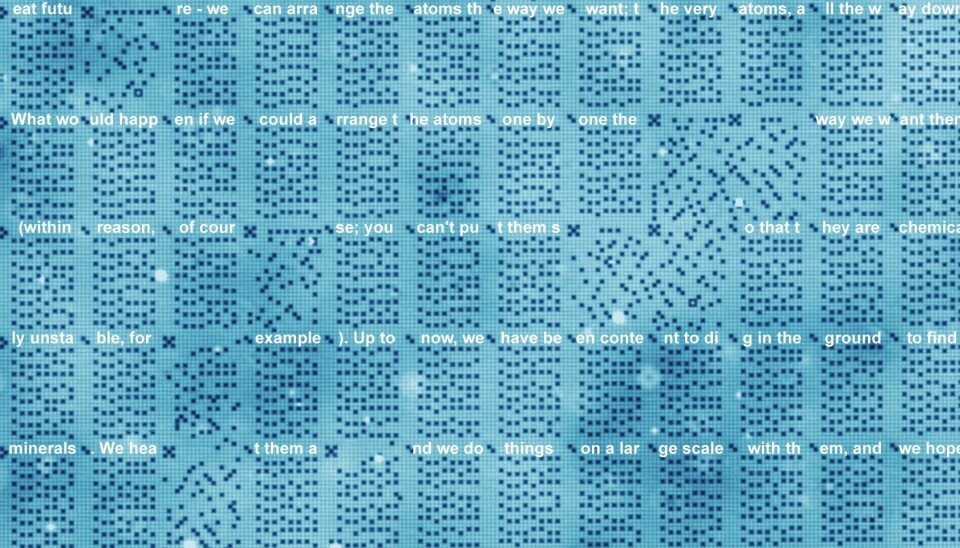 Dette er en mikroskopskanning av atom-harddisken. Prikkene representerer atomer, og posisjonen bestemmer om de representerer 1 eller 0. Se hele bildet i bunn av saken. Ordene er lagt på for å vise hva koden representerer. (Bilde: TU Delft)