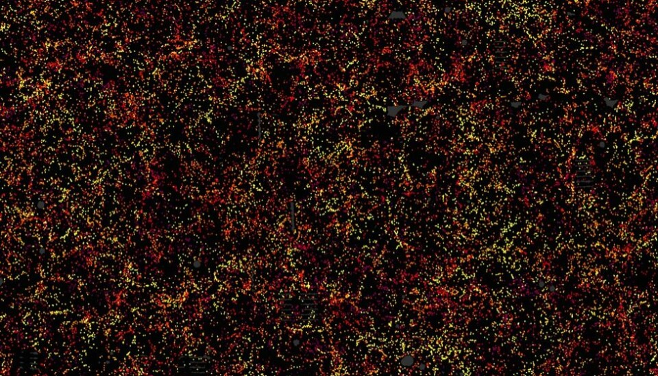 Bildet viser en skive av kartet, med litt under 50 000 galakser. Hver prikk viser posisjonen som en galakse hadde for seks milliarder år siden. Fargen indikerer hvor langt de er fra jorda - gule nærmest og røde lengst fra. Her ser du tydelig at universet har en bestemt struktur. Det er denne strukturen som kan fortelle forskerne om mørk materie og energi. (Foto: Daniel Eisenstein and SDSS-III)