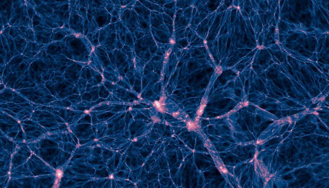 Simulering av mørk materie i universet. Galaksene dannes i de rosa områdene. Uten mørk materie ville ikke universet hatt noen strukturer som galakser. (Illustrasjon: Illustris-prosjektet) Simulering av mørk materie i universet. Galaksene dannes i de rosa områdene. Uten mørk materie ville ikke universet hatt noen strukturer som galakser. (Illustrasjon: Illustris-prosjektet)
