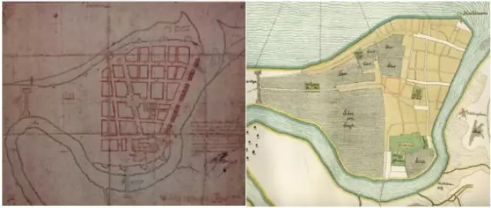 Til venstre Cicignons kart fra 1681. til høyre: Nauclers kart fra 1658 som viser byen før bybrannen. Området hvor Torvet ligger idag er angitt med rød firkant. Foto: Trondheim byarkiv/gunnerus biblioteket, Oluf Naucler og Cicignon