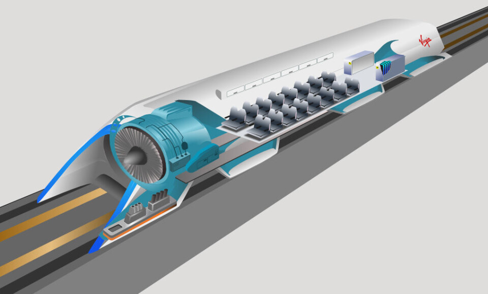 Hyperloop fungerer som en slags rørpost. Inne i røret, som er tatt vekk på dette bildet, er det tilnærmet lufttomt. Derfor kan et prosjektil med plass til passasjerer bevege seg med lav motstand i langt over lydens hastighet. (Foto: (Ideskisse: Camilo Sanchez, CC Bt-SA 4.0))