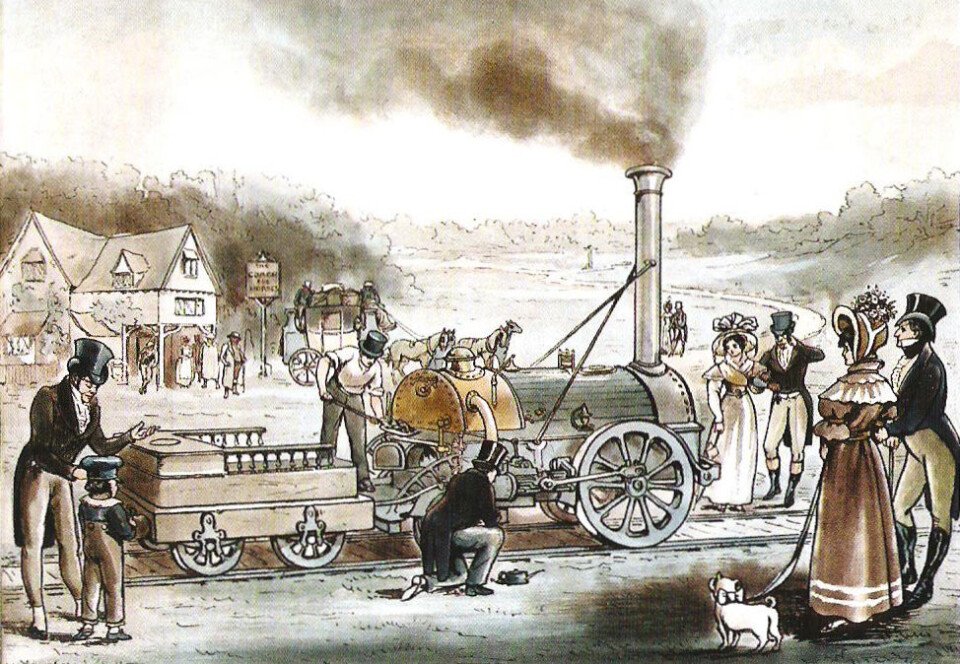 Lokomotivet Northumbrian fra 1830 trafikkerte den samme strekningen mellom Liverpool og Manchester som det mer legendariske lokomotivet The Rocket. Begge var konstruert av Robert Stephenson. (Foto: (Litografi: U.K. National Railway Museum))