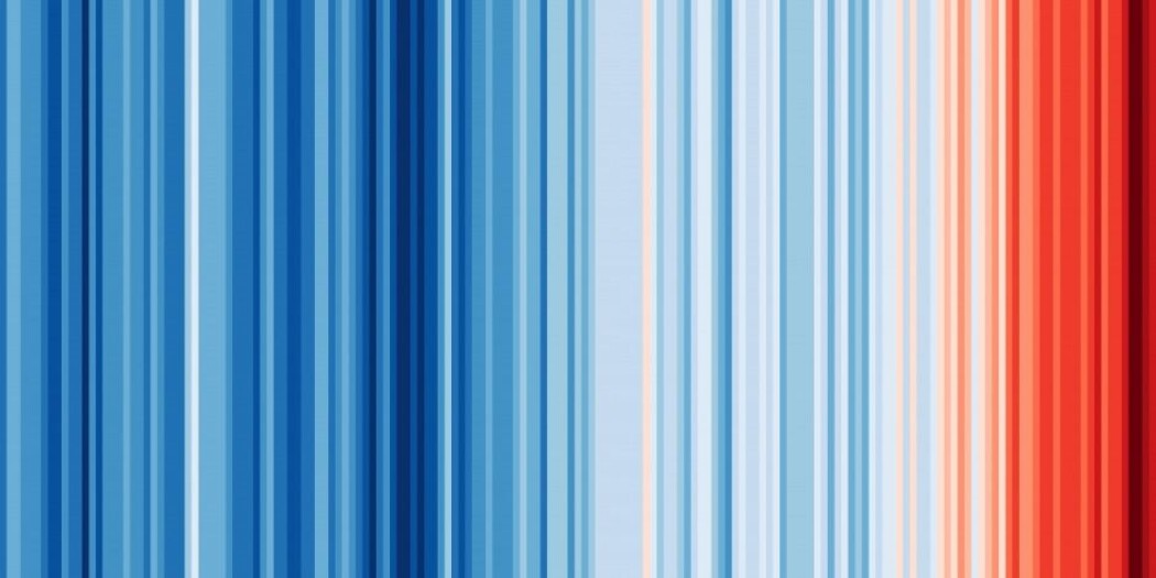 Illustrasjonen minner litt om det franske flagget, trikoloren. Men det er faktisk en visualisering av gjennomsnittstemperaturer fra 1850 og fram til i dag. (Illustrasjon: Ed Hawkins, showyourstripes.info) Illustrasjonen minner litt om det franske flagget, trikoloren. Men det er faktisk en visualisering av gjennomsnittstemperaturer fra 1850 og fram til i dag. (Illustrasjon: Ed Hawkins, showyourstripes.info)