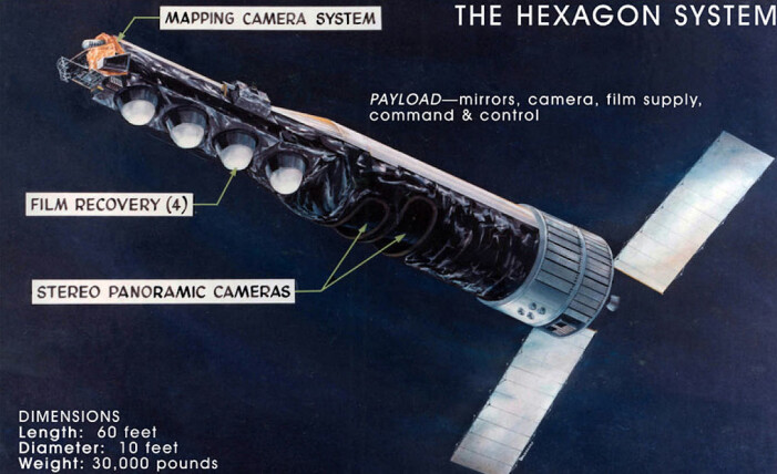 Plansje om KH-9-satellittene. De hvite kapslene til venstre ble sendt ned til jorden med film for framkalling. Satellitten er rundt 18 meter lang (Bilde:National Reconnaisance Office) Plansje om KH-9-satellittene. De hvite kapslene til venstre ble sendt ned til jorden med film for framkalling. Satellitten er rundt 18 meter lang (Bilde:National Reconnaisance Office)