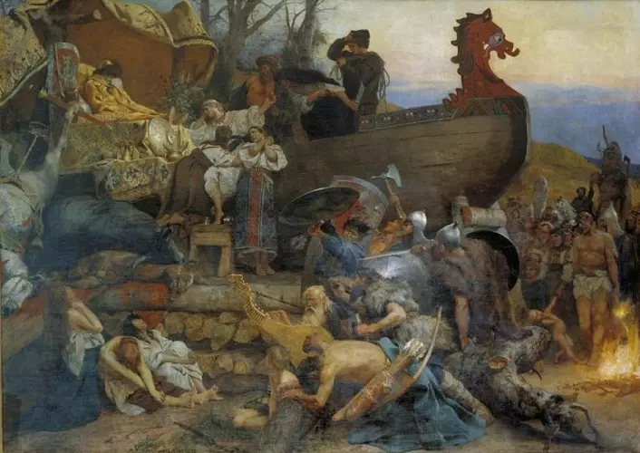 Den polske maleren Henryk Siemiradzki har malt begravelsesritualet til østadfarende vikinger, etter beskrivelsene fra Ibn Fadlan. (Foto: Wikimedia Creative Commons)