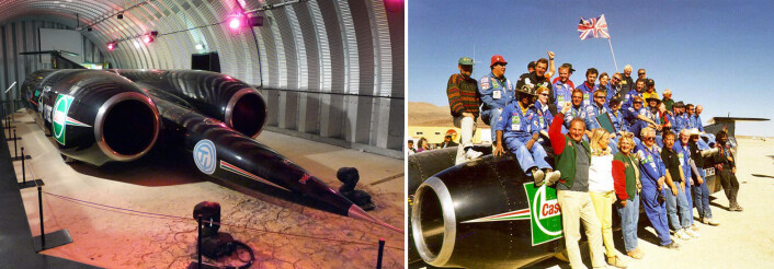 Jetbilen ThrustSSC var den første som brøt lydmuren, i 1997. Til venstre er den utstilt på Conventry Transport Museum. Til høyre er gruppen bak bilen fotografert etter rekorden på muddersletta Black Rock Desert i Nevada. (Foto: Til venstre: Cmglee, CCBY-SA 3.0. Til høyre: Andrew Graves) Jetbilen ThrustSSC var den første som brøt lydmuren, i 1997. Til venstre er den utstilt på Conventry Transport Museum. Til høyre er gruppen bak bilen fotografert etter rekorden på muddersletta Black Rock Desert i Nevada. (Foto: Til venstre: Cmglee, CCBY-SA 3.0. Til høyre: Andrew Graves)