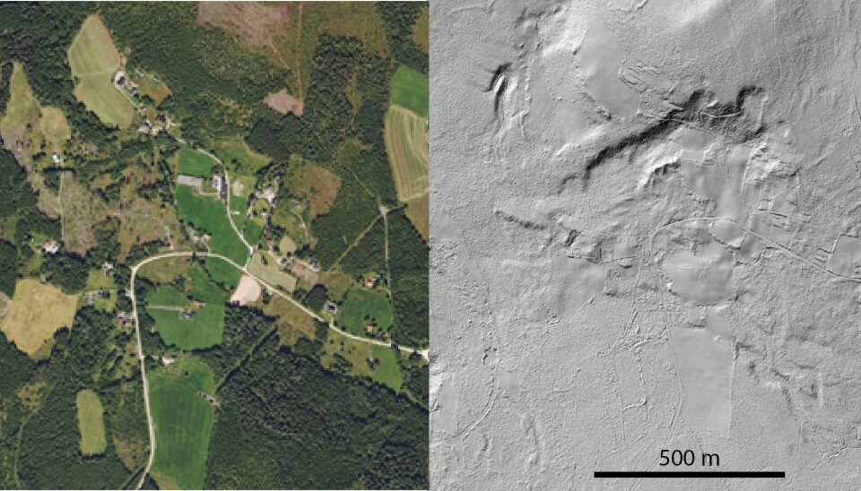 Til venstre er et flyfoto av bygda Tåsen i Hedmark. Vi ser veier og hus, grønne åkrer og mørkegrønne skoger. Bildet til høyre viser nøyaktig det samme området i skyggerelieff ved bruk av LiDAR-data. På dette bildet kommer det fram ei svær skredgrop med bak-kanter som er opptil 20 meter høye. Bebyggelsen er i dag inne i rasgropa. (Kilde for bildene: Kartverket)