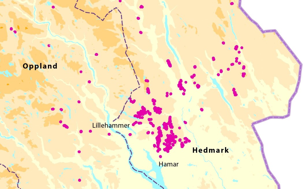 Oversikt over kartlagte skred i Hedmark og Oppland (røde linjer/punkter). Skredene som forskerne nå har oppdaget innebærer at mulighetene for framtidige jordskjelv ikke er så usannsynlig som forskere hittil har trodd. (Illustrasjon: NGU) Oversikt over kartlagte skred i Hedmark og Oppland (røde linjer/punkter). Skredene som forskerne nå har oppdaget innebærer at mulighetene for framtidige jordskjelv ikke er så usannsynlig som forskere hittil har trodd. (Illustrasjon: NGU)