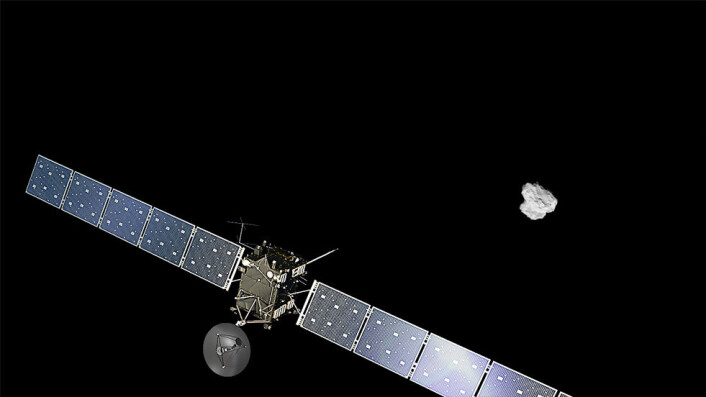 Den europeiske kometsonden Rosetta nærmer seg kometen 67P i august 2014. (Ikke i rett skala) (Foto: ESA/ATG medialab/Rosetta/NavCam) Den europeiske kometsonden Rosetta nærmer seg kometen 67P i august 2014. (Ikke i rett skala) (Foto: ESA/ATG medialab/Rosetta/NavCam)