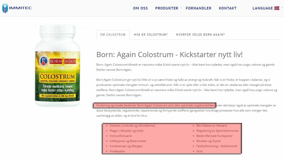 Råmelksproduktet Colostrum fungerer mot det meste, skal du tro hjemmesiden til Immitec. (Foto: (Faksimile fra Immitec.com))
