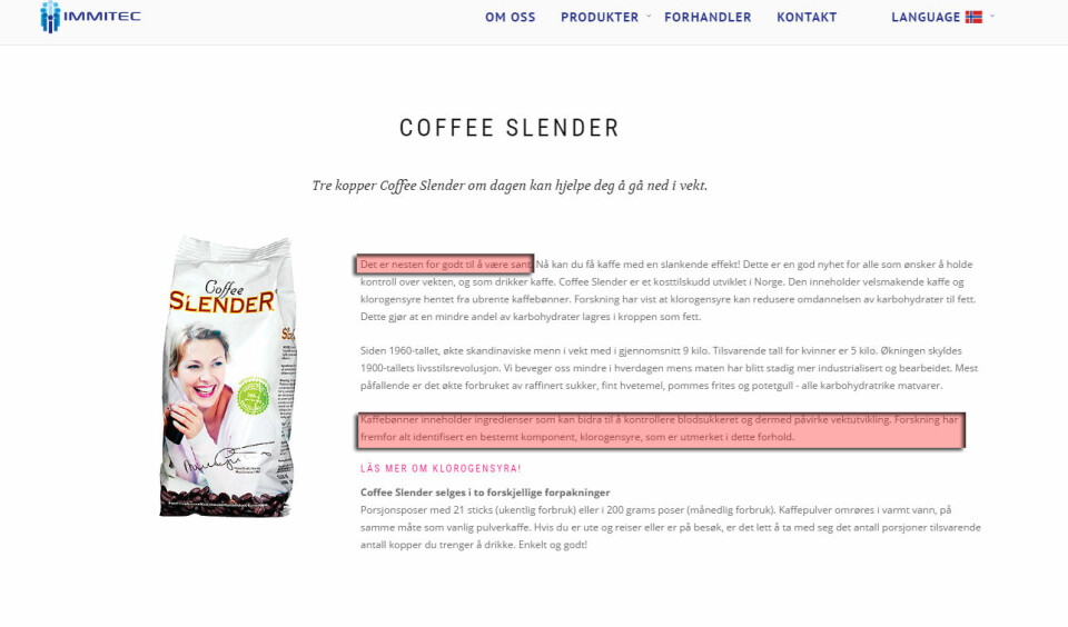 Klorogensyren i Coffee Slender kan gjøre deg slankere, hvis du tror Immitec. Men Europakommisjonen for matsikkerhet er uenig. (Foto: (Faksimile fra Immitec.com))