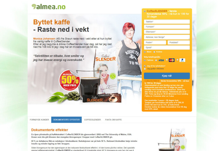 Du kan gå ned 40 kilo bare ved å bytte kaffe, ifølge reklamen fra firmaet Immitec. Men hva sier egentlig forskningen på produktet? (Foto: (Illustrasjon: Reklame for Coffee Slender på nettsidene til Almea.no, som er eid av Immitec, firmaet som produserer Coffee Slender.)) Du kan gå ned 40 kilo bare ved å bytte kaffe, ifølge reklamen fra firmaet Immitec. Men hva sier egentlig forskningen på produktet? (Foto: (Illustrasjon: Reklame for Coffee Slender på nettsidene til Almea.no, som er eid av Immitec, firmaet som produserer Coffee Slender.))