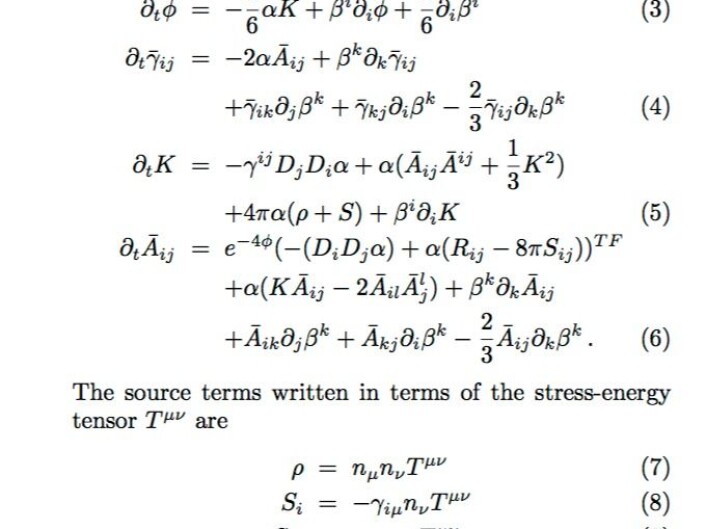 Likningene blir fort litt grisete når man skal gjøre generell relativitetsteori. Ikke rart at også datamaskinene har hatt problemer. (Fra Mertens Giblin & Starkman: "Integration of inhomogeneous cosmological spacetimes in the BSSN formalism", Phys Rev D, 2016) Likningene blir fort litt grisete når man skal gjøre generell relativitetsteori. Ikke rart at også datamaskinene har hatt problemer. (Fra Mertens Giblin & Starkman: "Integration of inhomogeneous cosmological spacetimes in the BSSN formalism", Phys Rev D, 2016)