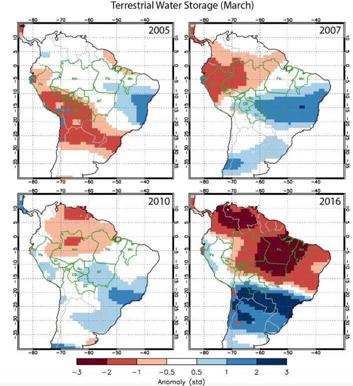 Anomali i terrestrisk vannmengde, målt med tyngdefeltsatellittene GRACE i ulike El Ninjo-år. (Bilde: Yang Chen, Univ of California Irvine). Anomali i terrestrisk vannmengde, målt med tyngdefeltsatellittene GRACE i ulike El Ninjo-år. (Bilde: Yang Chen, Univ of California Irvine).