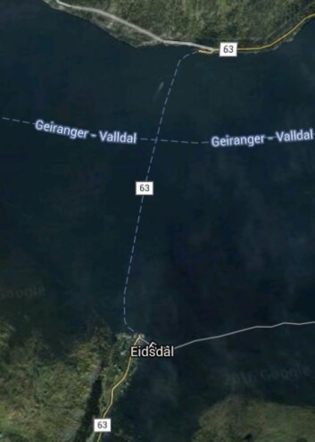 Kartet viser fergestrekningen mellom Eidsdal og Linge i Sogn og Fjordane. (Foto: Google Maps) Kartet viser fergestrekningen mellom Eidsdal og Linge i Sogn og Fjordane. (Foto: Google Maps)