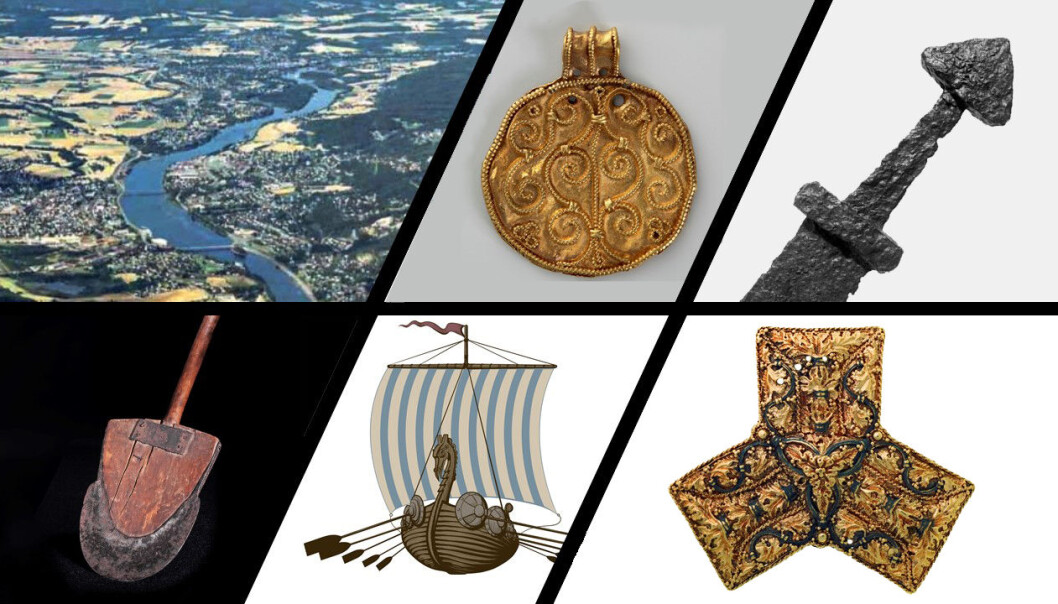 I Eikerbygdene er det funnet massevis av arkeologiske funn fra vikingtid. Øverst: Drammenselva mot Mjøndalen, forbi Steinberg og videre mot Hokksund, en mynt i Hoen-skatten, gjort om til smykke, et vikingsverd av en type det er funnet mange av i Eiker. Nederst: Spaden som ble brukt til å grave opp Nordens største gullskatt i 1834, et vikingskip slik de kan ha sett ut og et smykke i gullskatten. (Fotomontasje: forskning.no, med bilder fra Nedre Eiker kommune, Kulturhistorisk museum i Oslo, linsens CC BY-SA 4.0 og Colourbox) I Eikerbygdene er det funnet massevis av arkeologiske funn fra vikingtid. Øverst: Drammenselva mot Mjøndalen, forbi Steinberg og videre mot Hokksund, en mynt i Hoen-skatten, gjort om til smykke, et vikingsverd av en type det er funnet mange av i Eiker. Nederst: Spaden som ble brukt til å grave opp Nordens største gullskatt i 1834, et vikingskip slik de kan ha sett ut og et smykke i gullskatten. (Fotomontasje: forskning.no, med bilder fra Nedre Eiker kommune, Kulturhistorisk museum i Oslo, linsens CC BY-SA 4.0 og Colourbox)