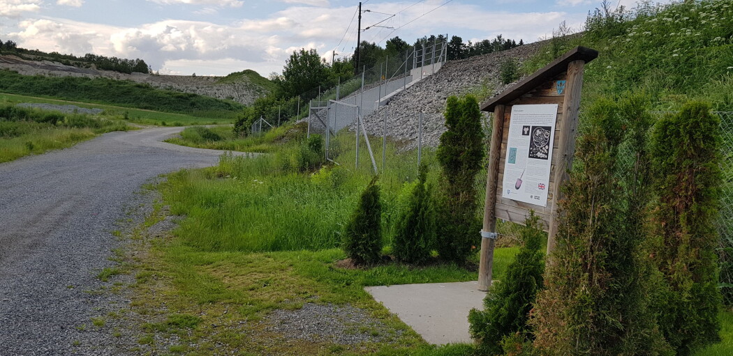 Nå er funnstedet delvis dekket av jernbanelinjen, men en oppslagstavle viser hvor gullet lå. (Foto: Nina Kristiansen) Nå er funnstedet delvis dekket av jernbanelinjen, men en oppslagstavle viser hvor gullet lå. (Foto: Nina Kristiansen)