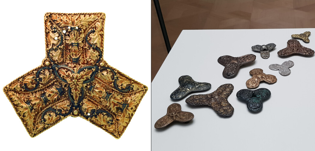 Til venstre er beltespenna som ble til smykke. Det var det første med denne utformingen i Norge, men etterpå kom kopiene til høyre. Original og etterligninger er nå utstilt på Kulturhistorisk museum i Oslo. (Foto: Kulturhistorisk museum og Nina Kristiansen) Til venstre er beltespenna som ble til smykke. Det var det første med denne utformingen i Norge, men etterpå kom kopiene til høyre. Original og etterligninger er nå utstilt på Kulturhistorisk museum i Oslo. (Foto: Kulturhistorisk museum og Nina Kristiansen)