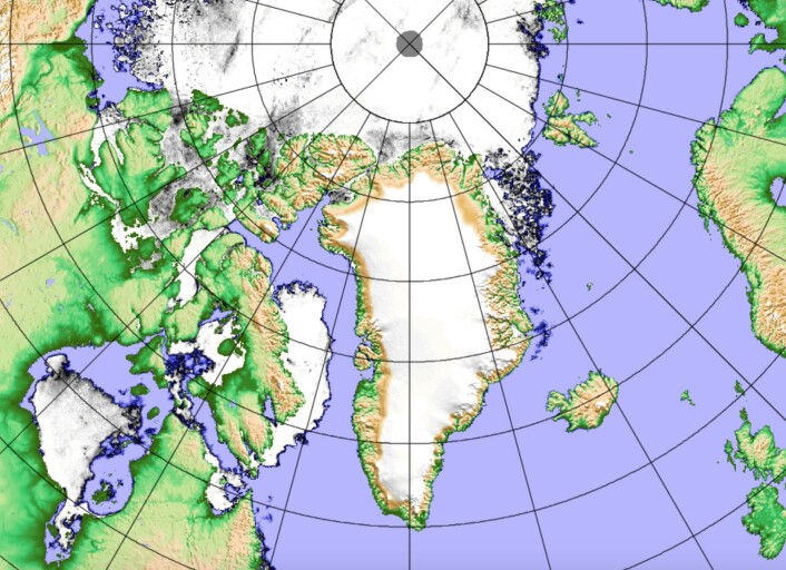 Midtsommer i Arktis. Og sjøisen er - som alltid på denne årstiden - på vikende front. (Bilde: Univ Bremen basert på japanske AMSR2) Midtsommer i Arktis. Og sjøisen er - som alltid på denne årstiden - på vikende front. (Bilde: Univ Bremen basert på japanske AMSR2)